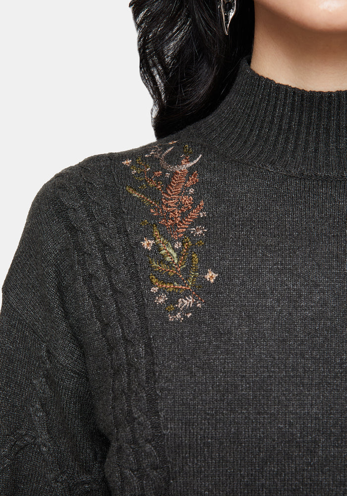Abellona Embroidered Cable Knit Sweater