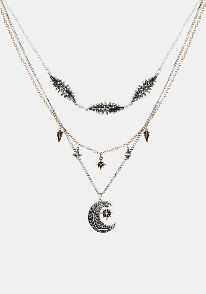 Abellona Moon Fern Layered Charm Necklace