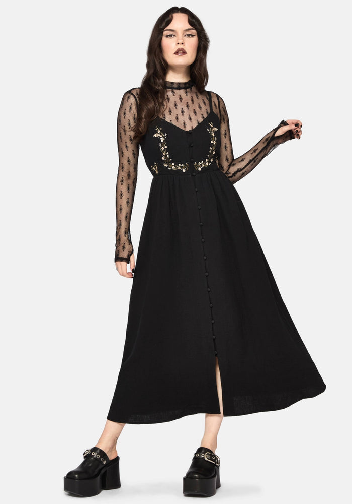 Abundance Cotton Floral Embroidered Bodice Cami Midaxi Dress - Black