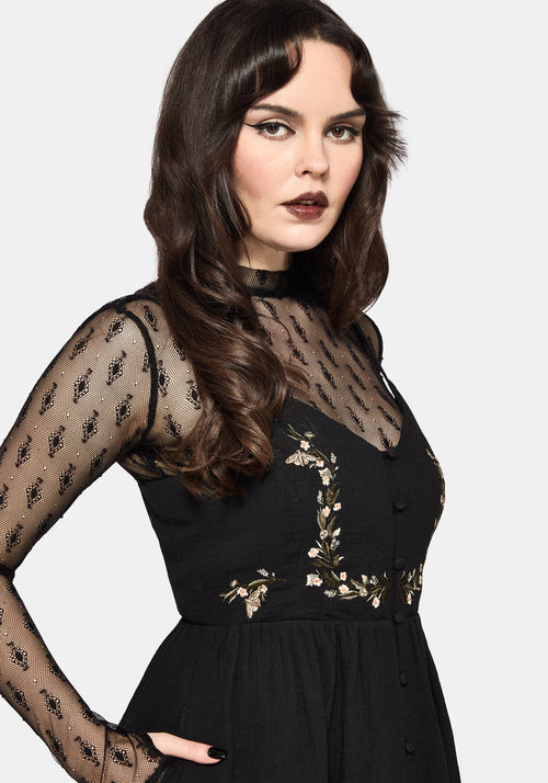 Abundance Cotton Floral Embroidered Bodice Cami Midaxi Dress - Black