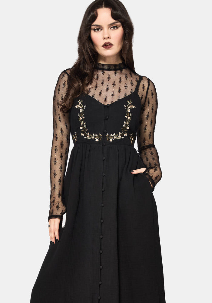 Abundance Cotton Floral Embroidered Bodice Cami Midaxi Dress - Black