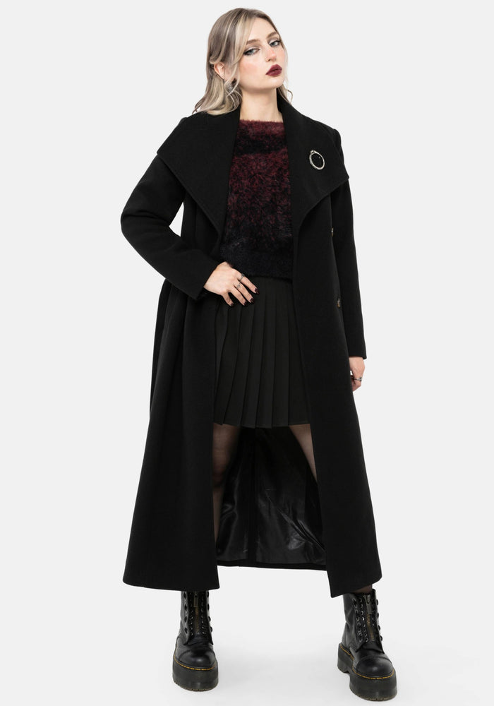 Abyss Tie Waist Double Breasted Coat With Snake Brooch - Black