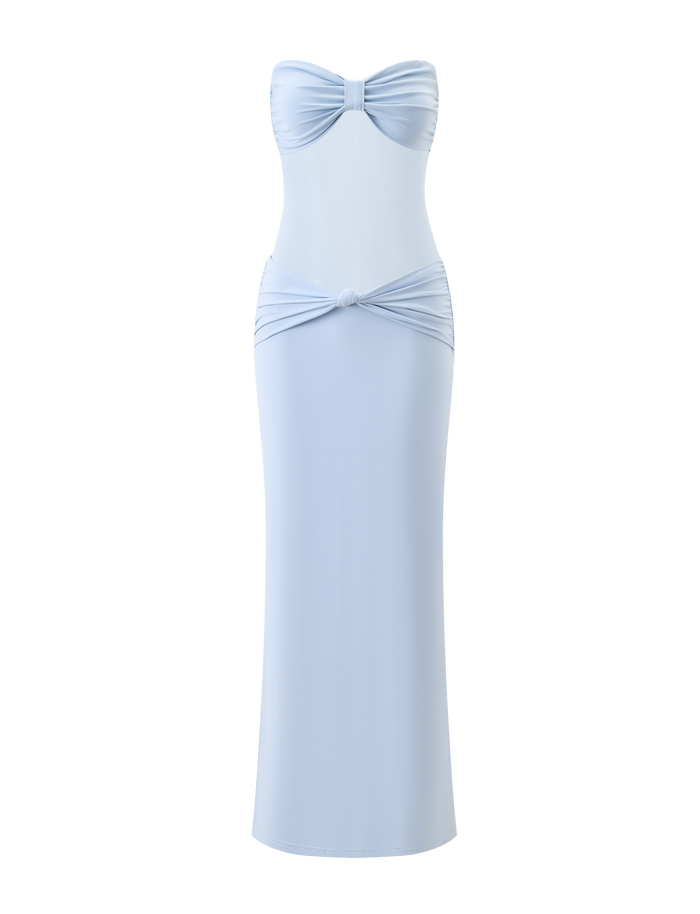 The AIYANNA MAXI DRESS by TIGERMIST features a strapless, floor-length light blue design with gathered bow-tie knot details at the bust and hips for a fitted, sleek, and elegant silhouette.
