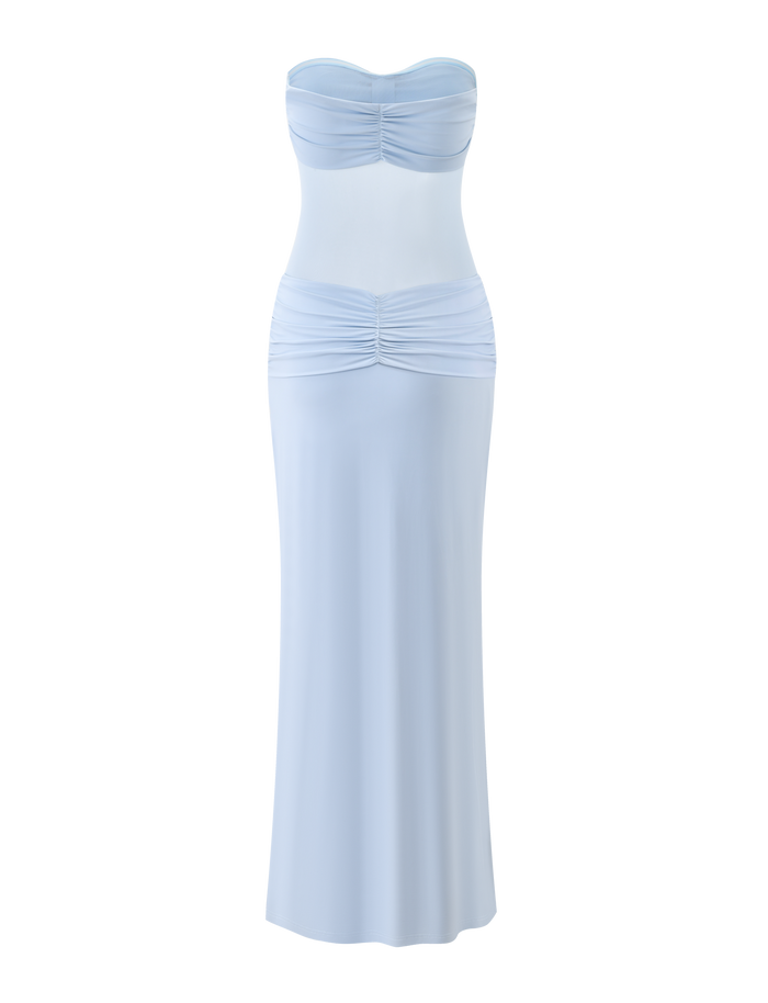 The TIGERMIST AIYANNA MAXI DRESS in light blue features a strapless, fitted bodice with ruching at the bust and hips, and a long straight skirt. Shown against a white background, this dress offers an elegant silhouette.