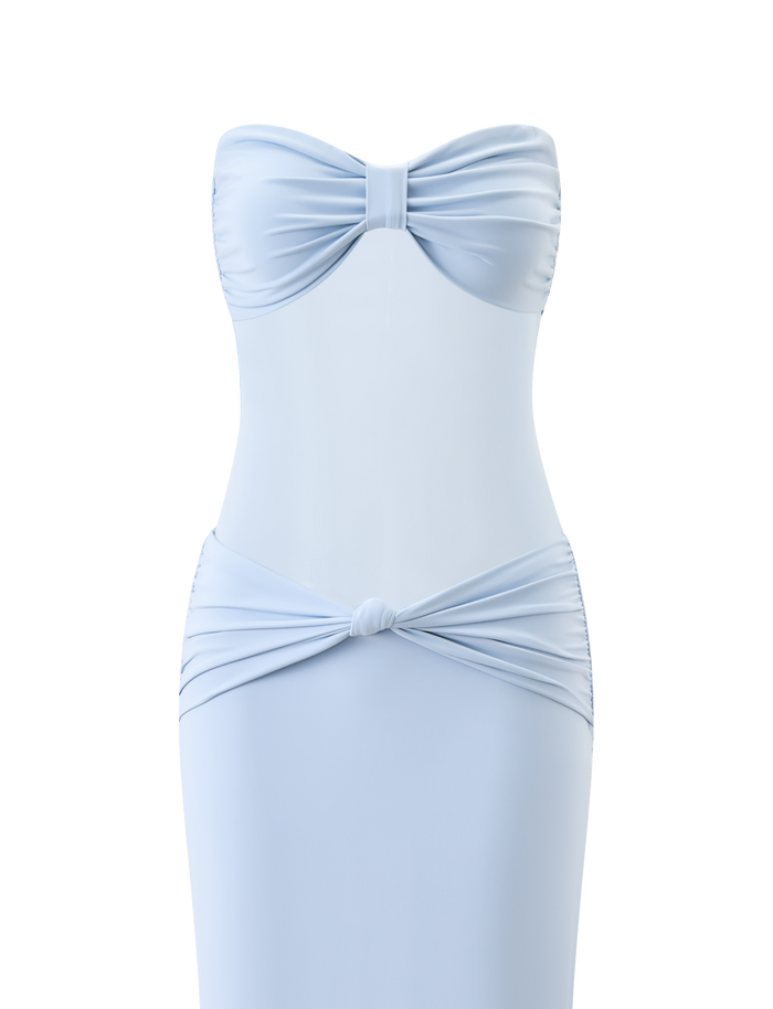 The TIGERMIST AIYANNA MAXI DRESS in light blue is a strapless maxi with a sweetheart neckline and gathered, knotted details at the bust and hips, styled like a bow-tie knot, displayed on a plain white background.