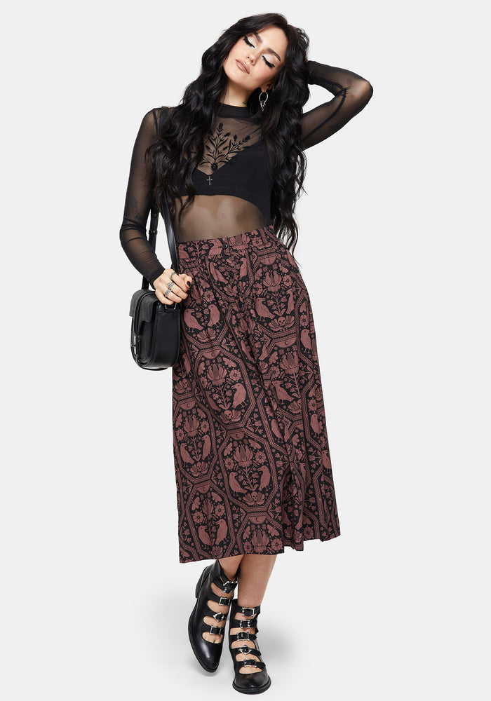 Annabel Inverted Raven Print Button Down Midi Skirt