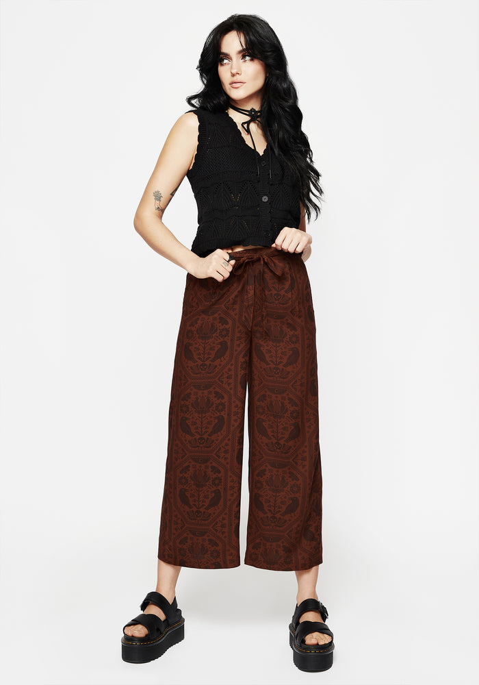 Annabel Tie Waist Wide Leg Culotte Trousers - Rust