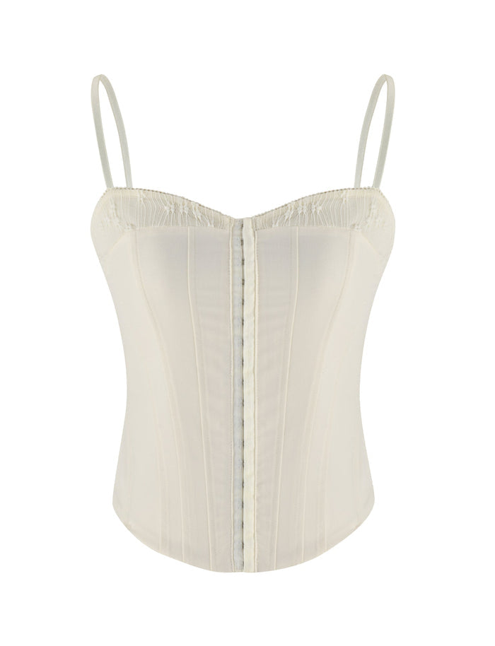 The TIGERMIST ANTONELLA TOP in cream features suiting fabric, slim spaghetti straps, vertical seams, and a lace panel, shown against a white background.