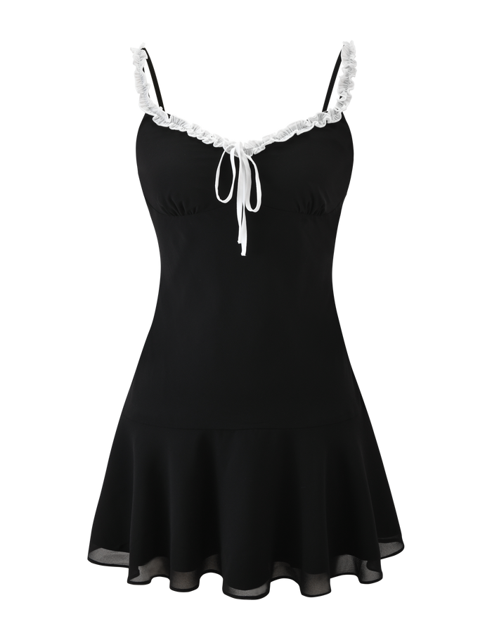 The ARIANNE MINI DRESS - BLACK by TIGERMIST features a sleeveless design, flared skirt, thin straps, ruffle trim, and a bow accent on the sweetheart neckline.