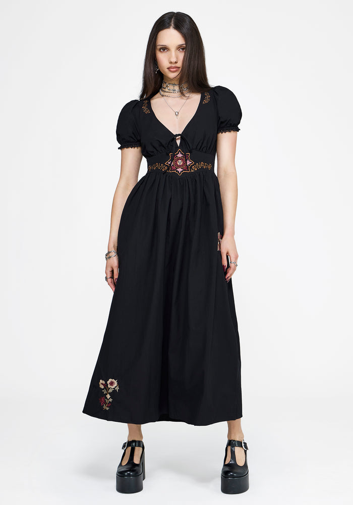 Arianwen Embroidered Puff Sleeve Midaxi Dress - Black
