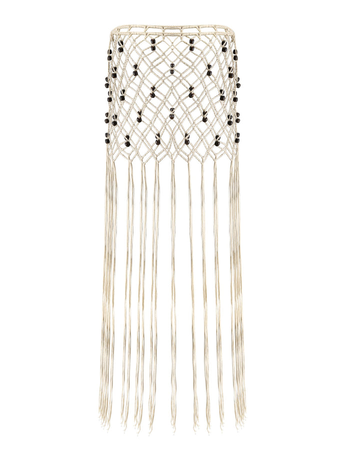 Inspired by the ARLO CROCHET COVER-UP in cream by TIGERMIST, this macramé lampshade features a diamond pattern adorned with small black beads and long flowing fringes crafted from cream-colored cords, adding bohemian charm to your space much like a chic beaded cover-up.