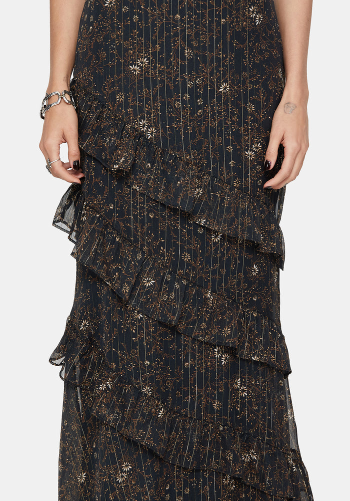Astralis Floral Stripe Asymmetric Ruffle Tiered Maxi Skirt