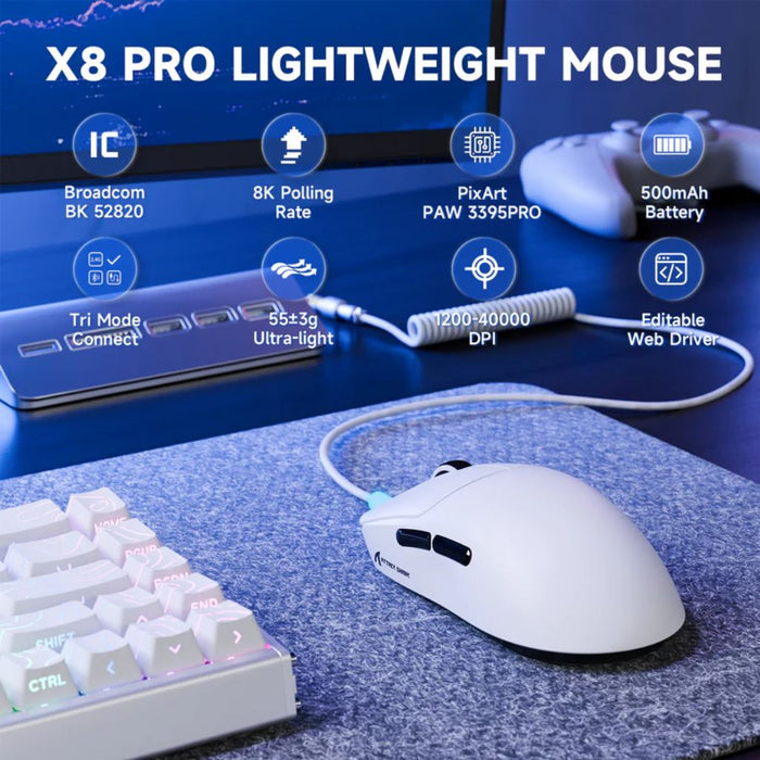 ATTACK SHARK X8 Pro Tri-mode Wireless Gaming Mouse - White