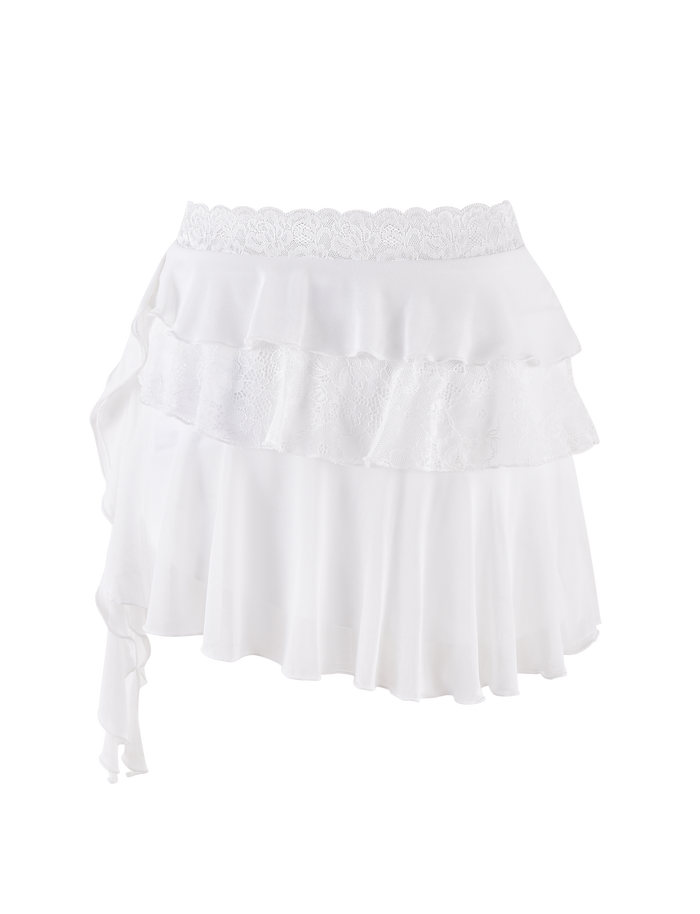 The AVALYN SKIRT - WHITE by TIGERMIST features layered ruffles, lace trim at the waistband, and stretchy fabric for comfort. Shown on a plain background.
