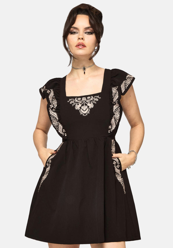 Bladeborn Embroidered Ruffle Front Mini Dress