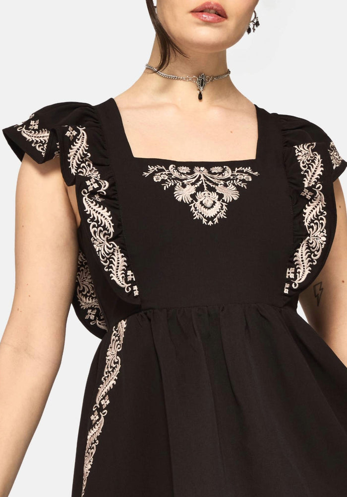 Bladeborn Embroidered Ruffle Front Mini Dress