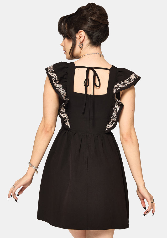 Bladeborn Embroidered Ruffle Front Mini Dress