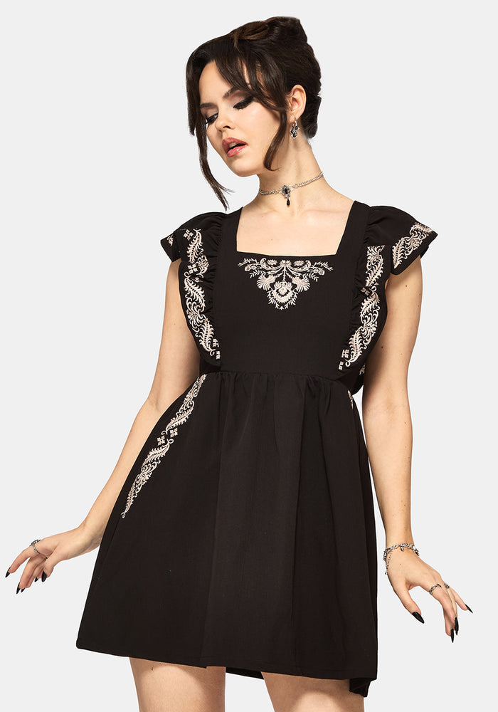 Bladeborn Embroidered Ruffle Front Mini Dress