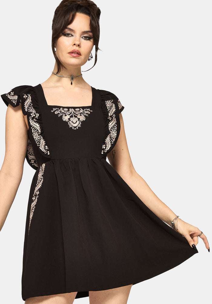 Bladeborn Embroidered Ruffle Front Mini Dress
