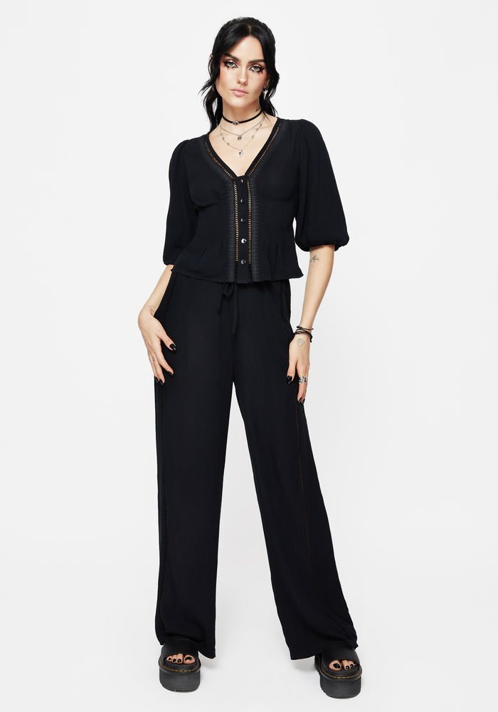 Blessing Lace Trim Tapered Waist Blouse Top