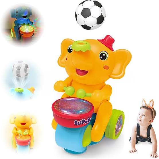 Blowing Elephant Musician Toy | Walking Drummer with Flashing Lights & 2 Blowing Balls