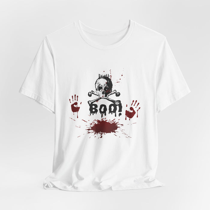 Boo Skull & Blood Splatter Tee — Halloween Horror Graphic T-Shirt