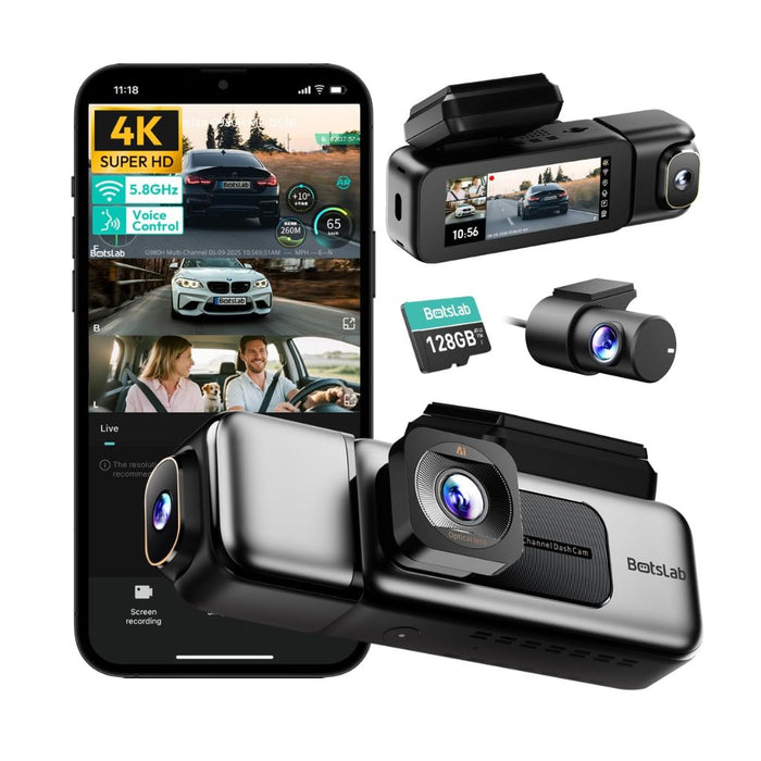 Botslab G980H 3-Channel Dash Cam — 4K Front + 1080p Cabin/Rear + 64GB SD Card