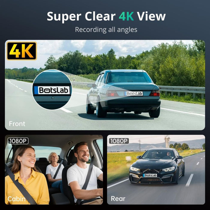 Botslab G980H 3-Channel Dash Cam — 4K Front + 1080p Cabin/Rear + 64GB SD Card