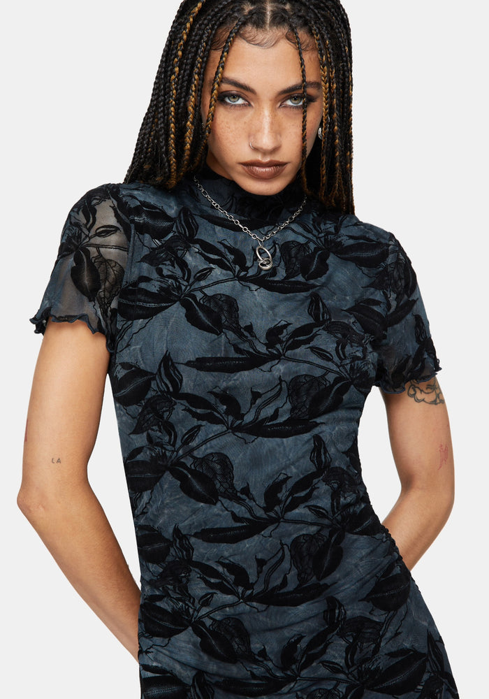 Bryn Floral Flocked Mesh Hanky Hem Mini Dress