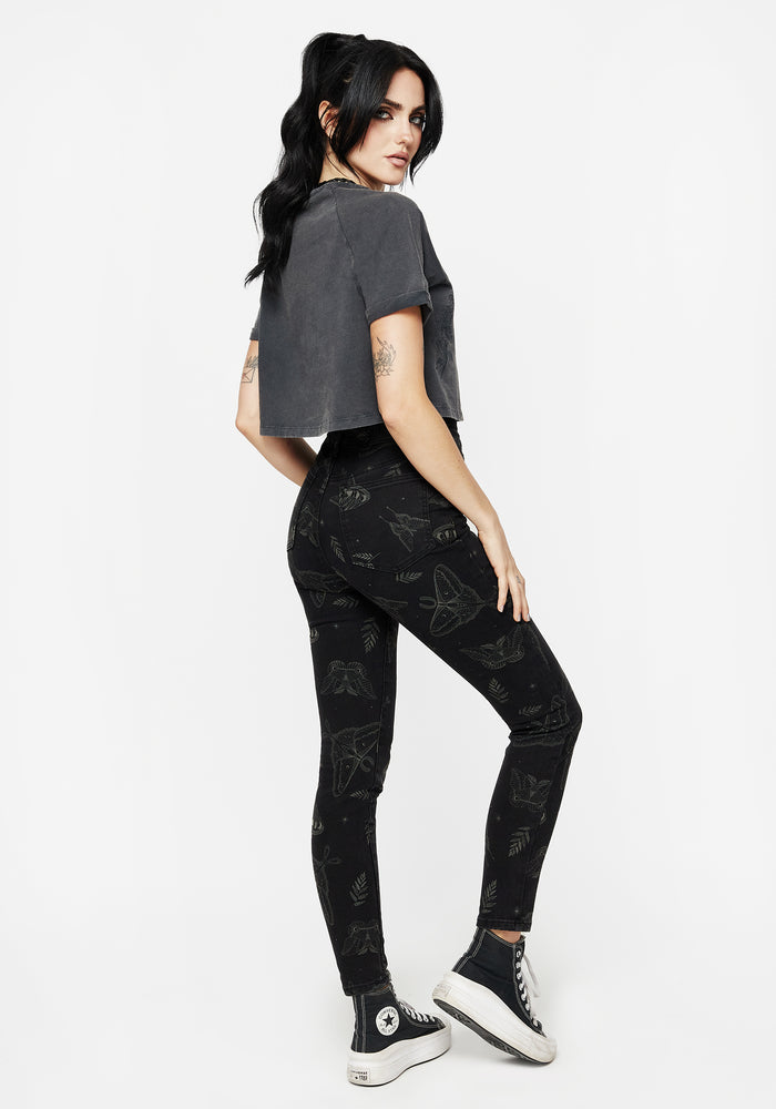 Callopistria Moth Print Denim Skinny Jeans