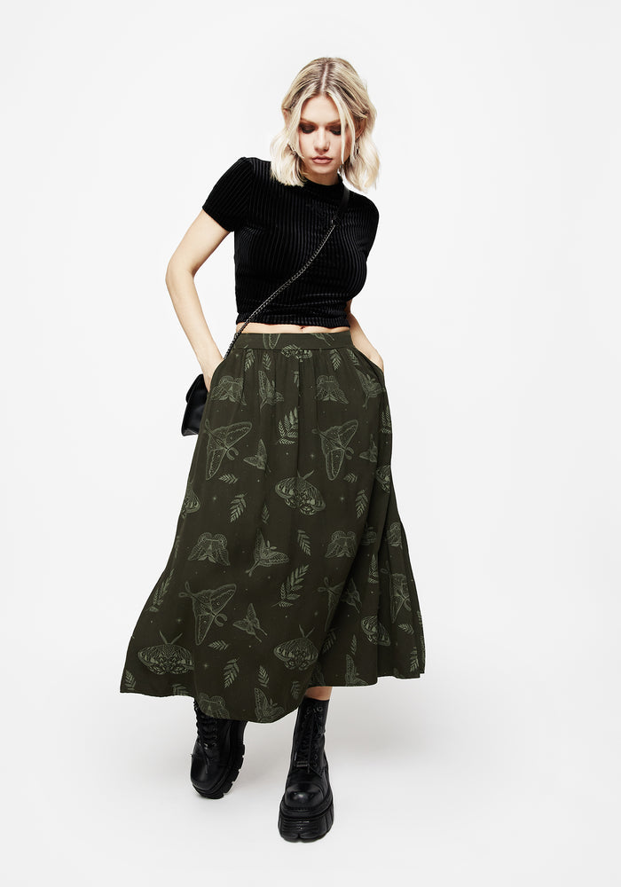 Callopistria Moth Print Midi Skirt - Green