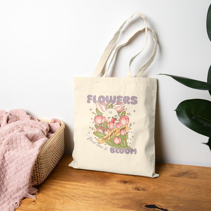 Canvas Tote Bag — 'Flowers Bloom' Cute Bunny & Tulips Eco Shopper