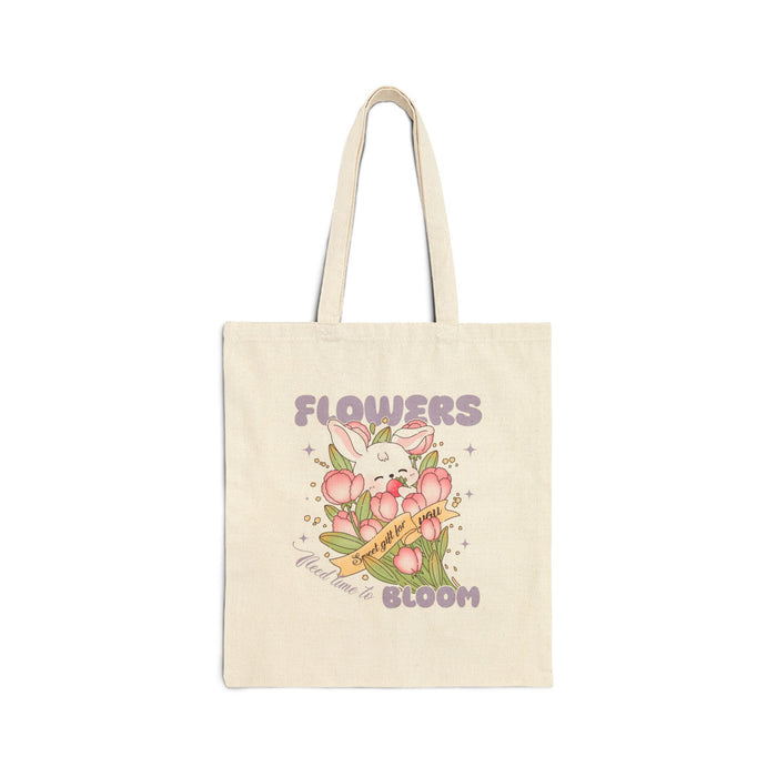 Canvas Tote Bag — 'Flowers Bloom' Cute Bunny & Tulips Eco Shopper