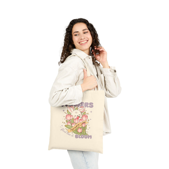 Canvas Tote Bag — 'Flowers Bloom' Cute Bunny & Tulips Eco Shopper