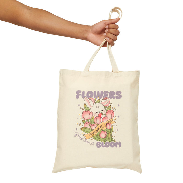Canvas Tote Bag — 'Flowers Bloom' Cute Bunny & Tulips Eco Shopper