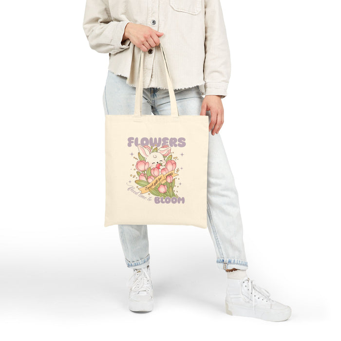 Canvas Tote Bag — 'Flowers Bloom' Cute Bunny & Tulips Eco Shopper