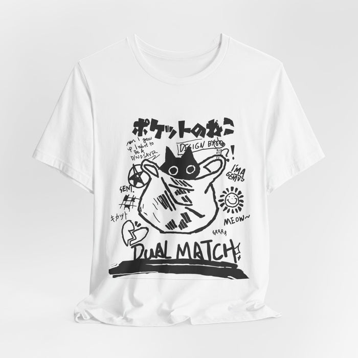 Cat in a Pocket Graphic Tee — "Dual Match" Japanese Doodle Shirt