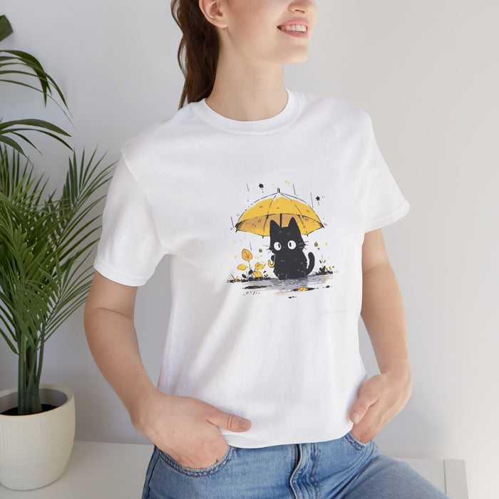 Cat with Yellow Umbrella T‑Shirt — Cute Rainy Day Graphic Tee