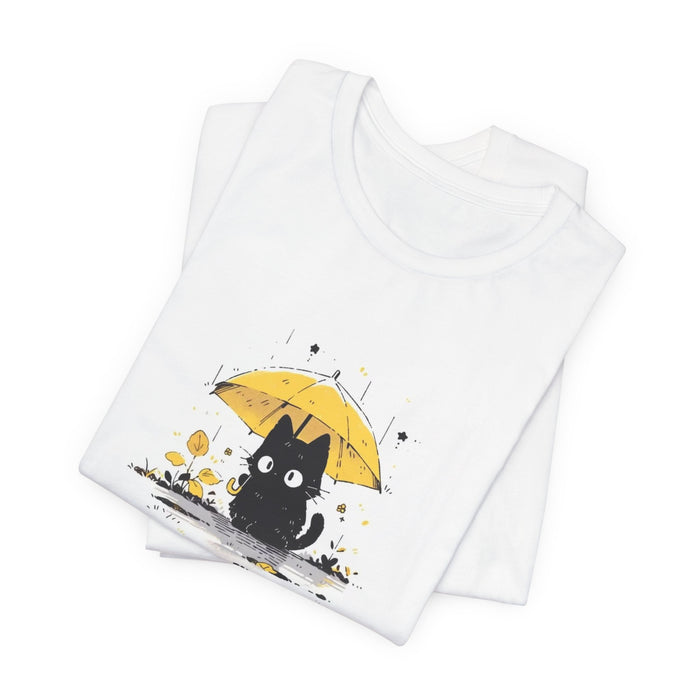 Cat with Yellow Umbrella T‑Shirt — Cute Rainy Day Graphic Tee