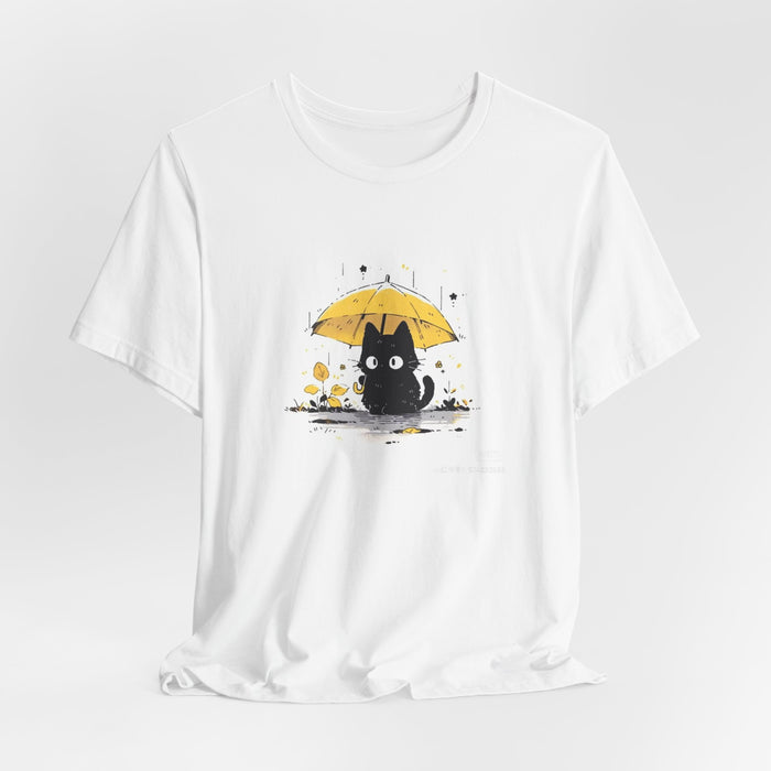 Cat with Yellow Umbrella T‑Shirt — Cute Rainy Day Graphic Tee