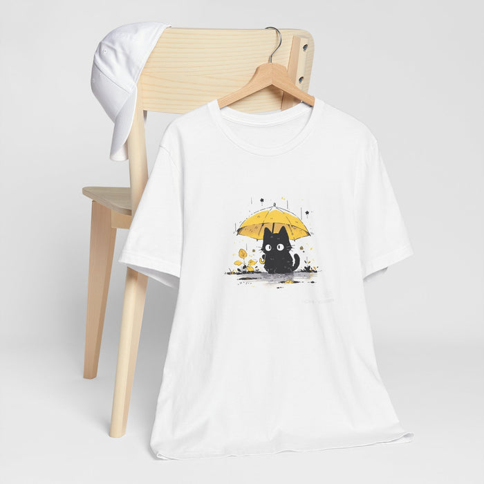 Cat with Yellow Umbrella T‑Shirt — Cute Rainy Day Graphic Tee