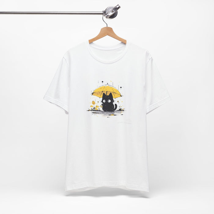 Cat with Yellow Umbrella T‑Shirt — Cute Rainy Day Graphic Tee