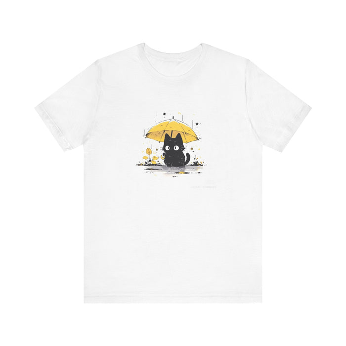 Cat with Yellow Umbrella T‑Shirt — Cute Rainy Day Graphic Tee