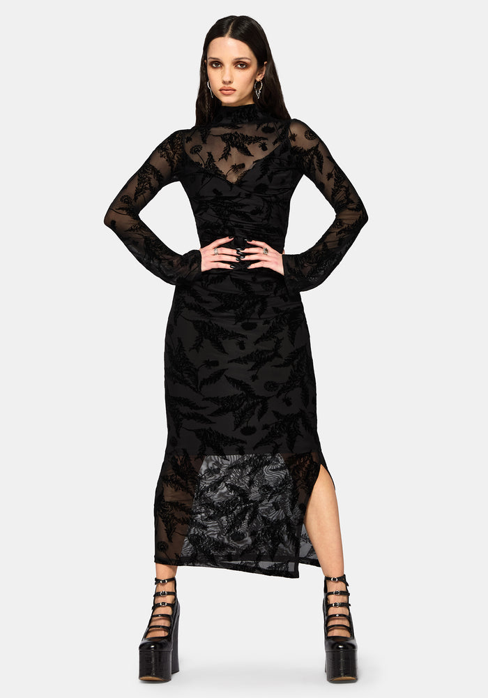 Cimora Dandelion Flocked Mesh Ruched Midaxi Dress