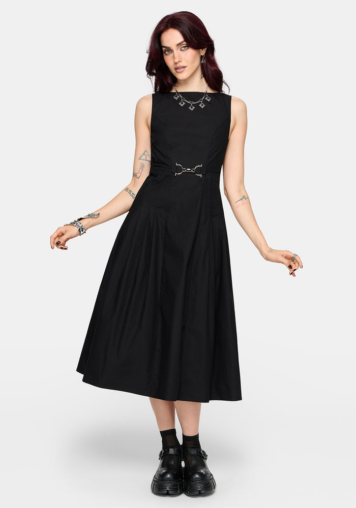 Cissa Buckle Front Pleated Midi Dress