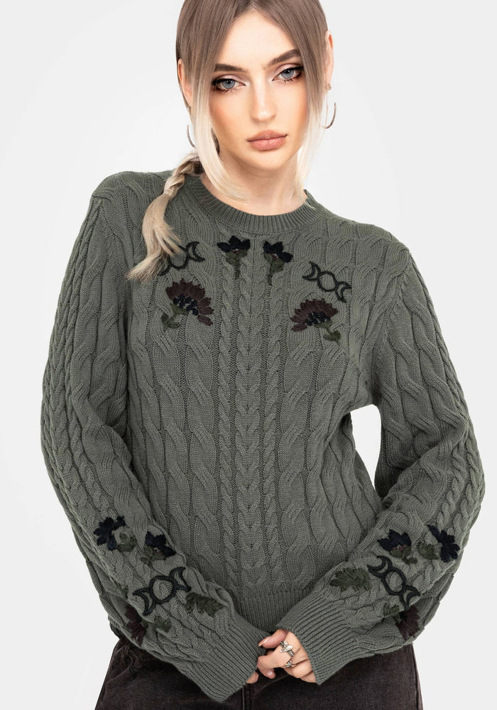 Clara Cotton Floral Embroidered Cable Knit Sweater