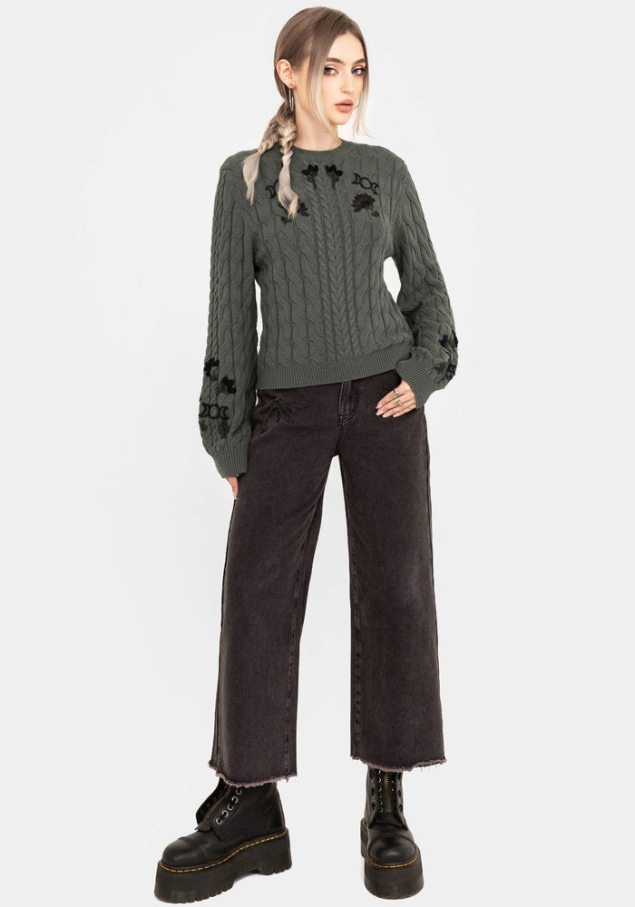 Clara Cotton Floral Embroidered Cable Knit Sweater
