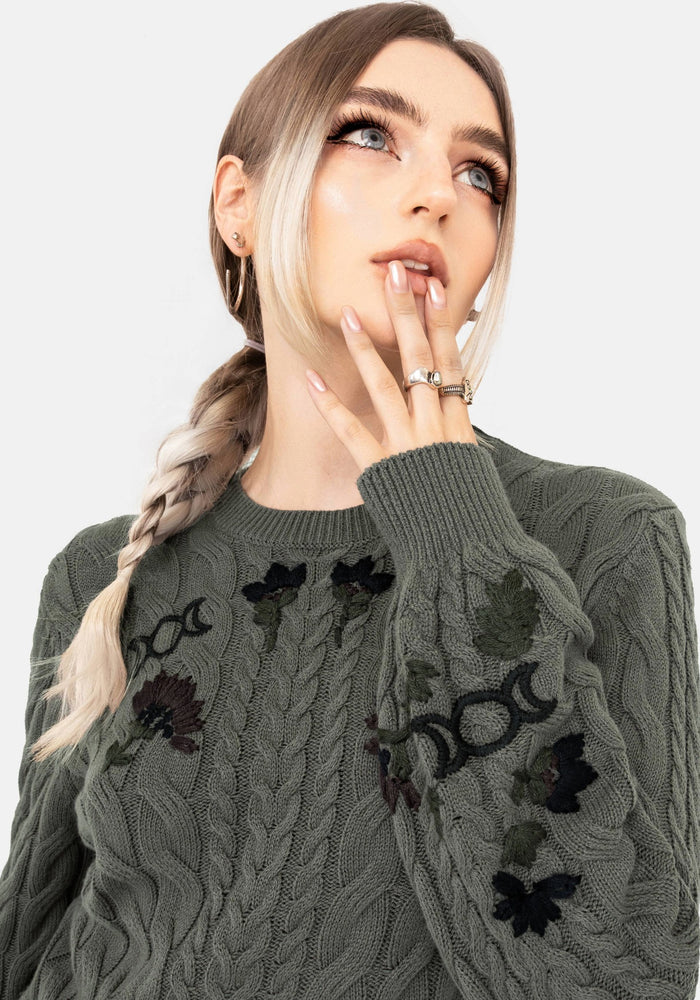 Clara Cotton Floral Embroidered Cable Knit Sweater