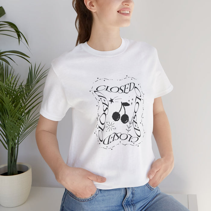 Closed Cherries Graphic Tee — Vintage Black Cherry Logo T-Shirt