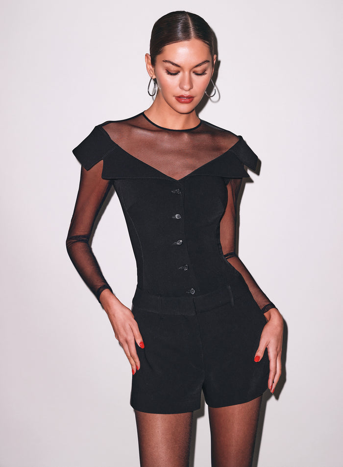 Cold Shoulder Tailored Bodysuit-black-Fleur du Mal